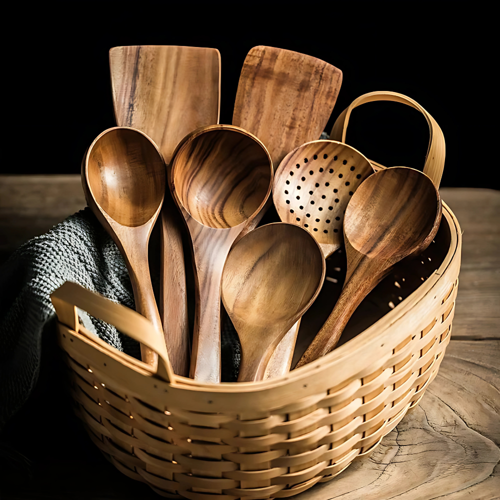 Set de utensilios de cocina de madera, antiarañazos, con mangos ergonómicos. Ideal para el hogar.