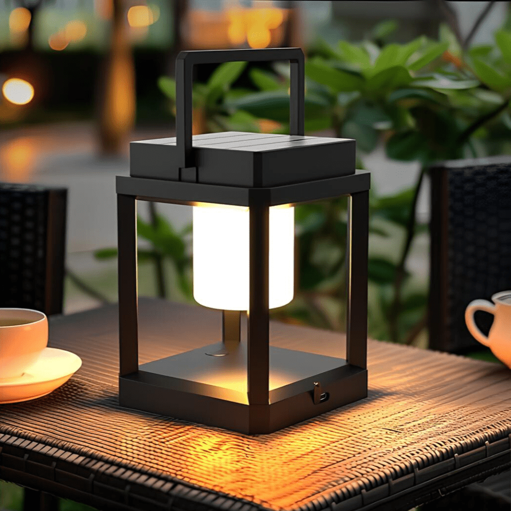 Lámpara solar portátil impermeable para uso en exteriores, jardín o terraza. Recargable, ecológica.