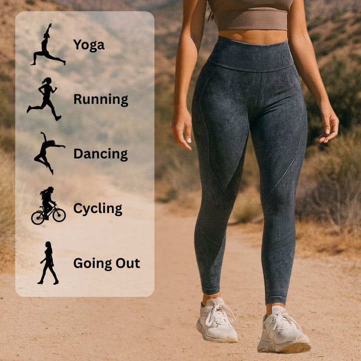 Detalle de los leggings de triple compresión, con cintura alta para control de abdomen. Perfectos para gym.