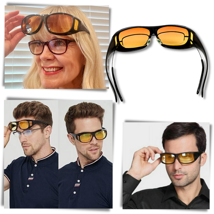 Gafas de visión nocturna con lentes amarillas Glarecut para seguridad vial y anti-deslumbramiento al manejar.