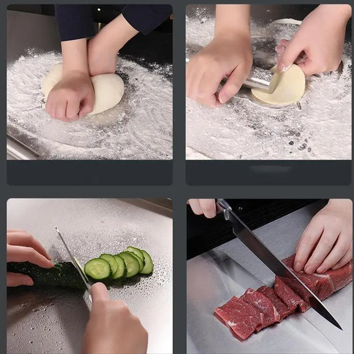 Moderna tabla de cortar de acero inoxidable para cocina, garantiza higiene en preparación de alimentos.