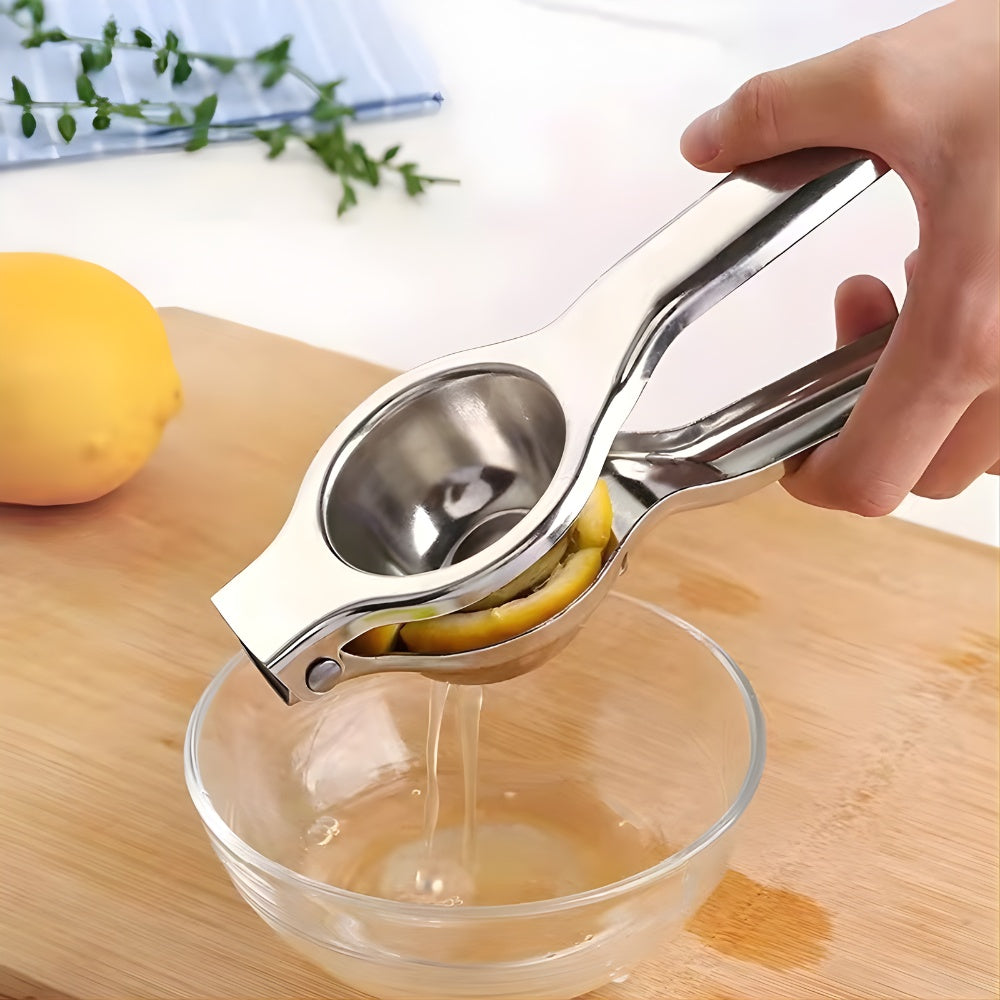 Exprimidor manual de limones de acero inoxidable, perfecto para jugo fresco en cocina y bar.