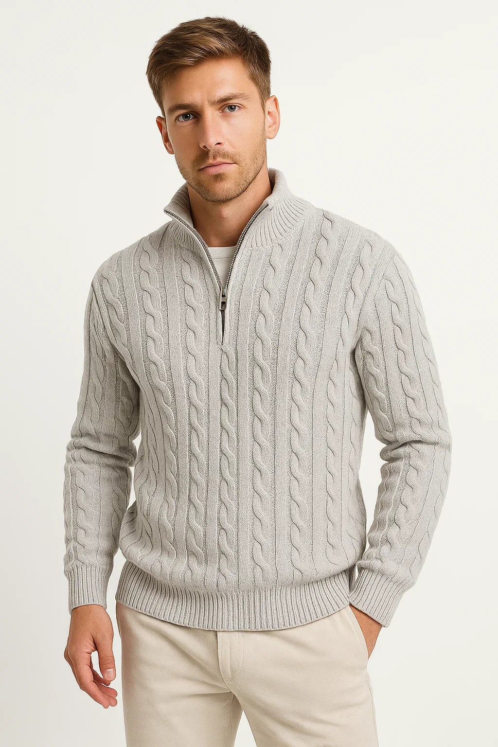 Suéter cálido de hombre con trenzas, ideal para ropa masculina de invierno y comodidad diaria.