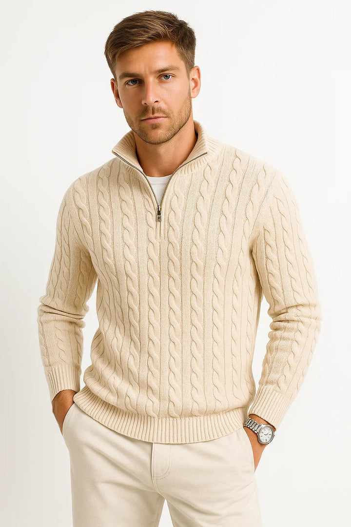 Ropa masculina: jersey trenzado de invierno con media cremallera. Estilo moderno y comodidad diaria.