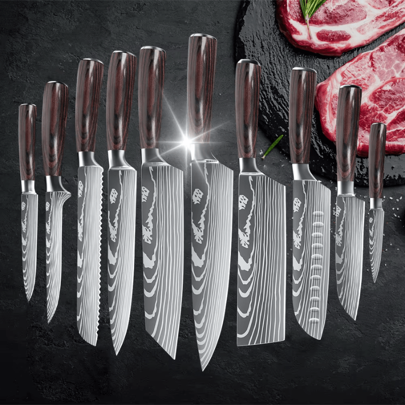 Set de cuchillos de cocina de alta dureza. Acero inoxidable para chefs profesionales, corte preciso.