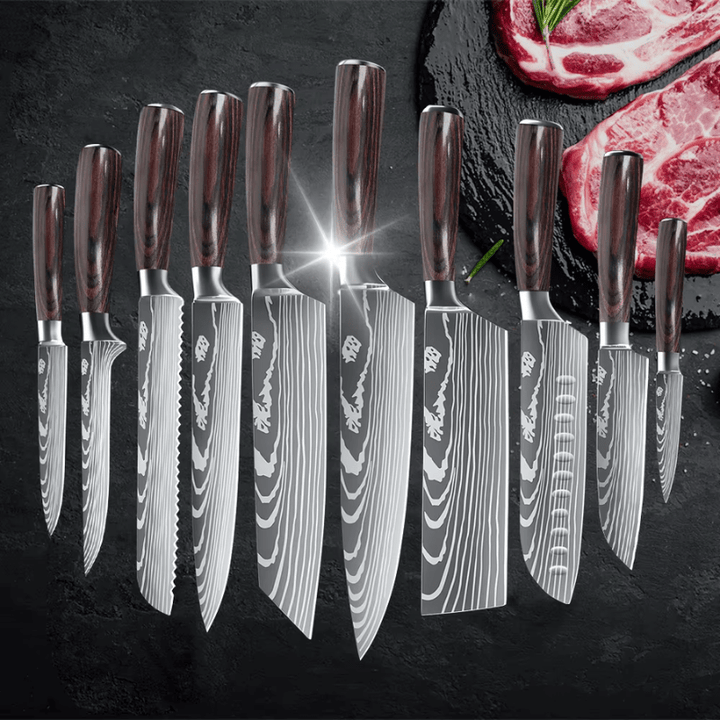 Set de cuchillos de cocina de alta dureza. Acero inoxidable para chefs profesionales, corte preciso.