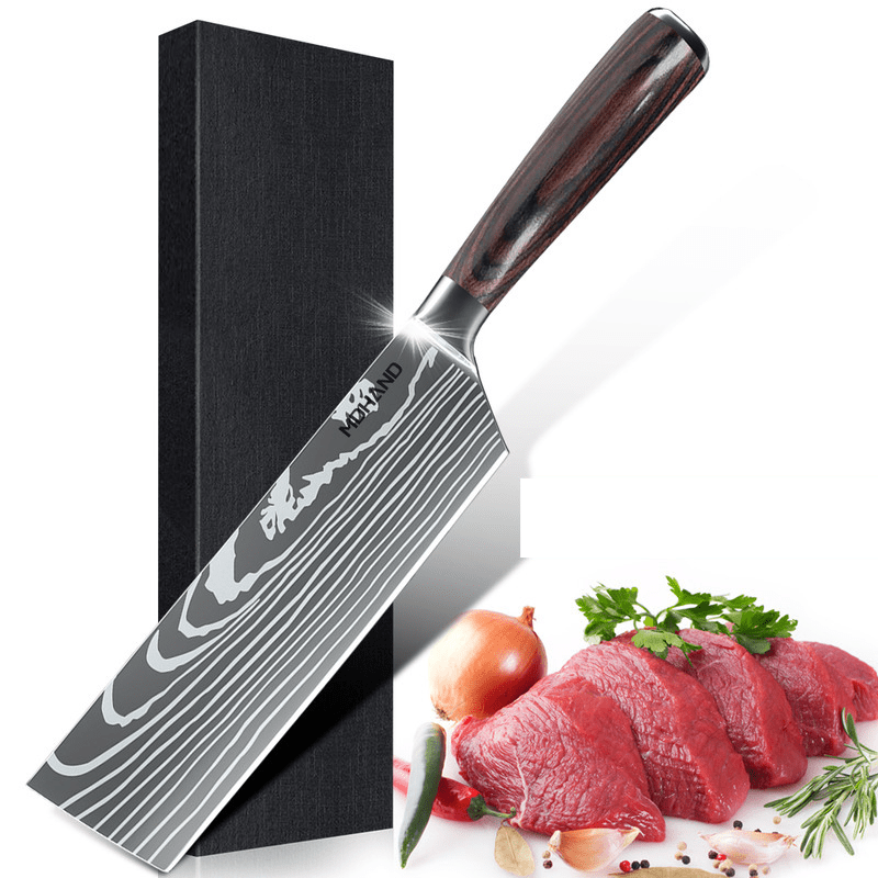 Cuchillos de chef listos para usar. Acero inoxidable, diseño elegante para cualquier cocina profesional.