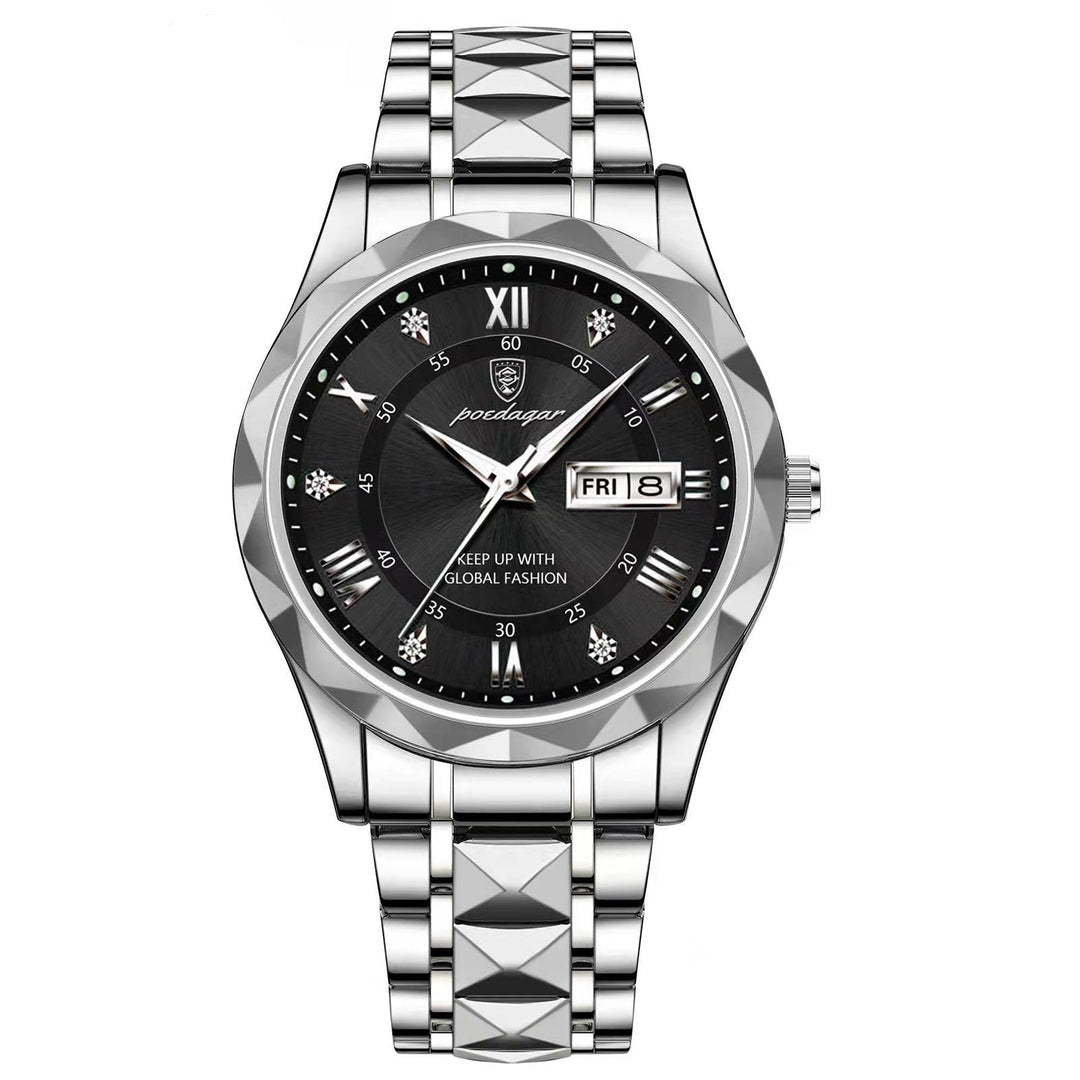 Reloj de acero duradero para hombre en la muñeca. Apto para el día a día y eventos especiales.