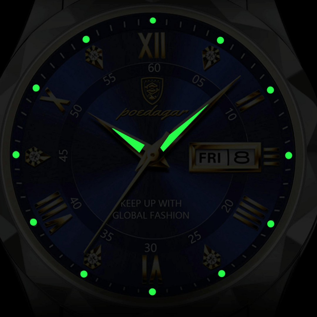 Perfil de reloj de pulsera de hombre, destacando la calidad de construcción en acero.
