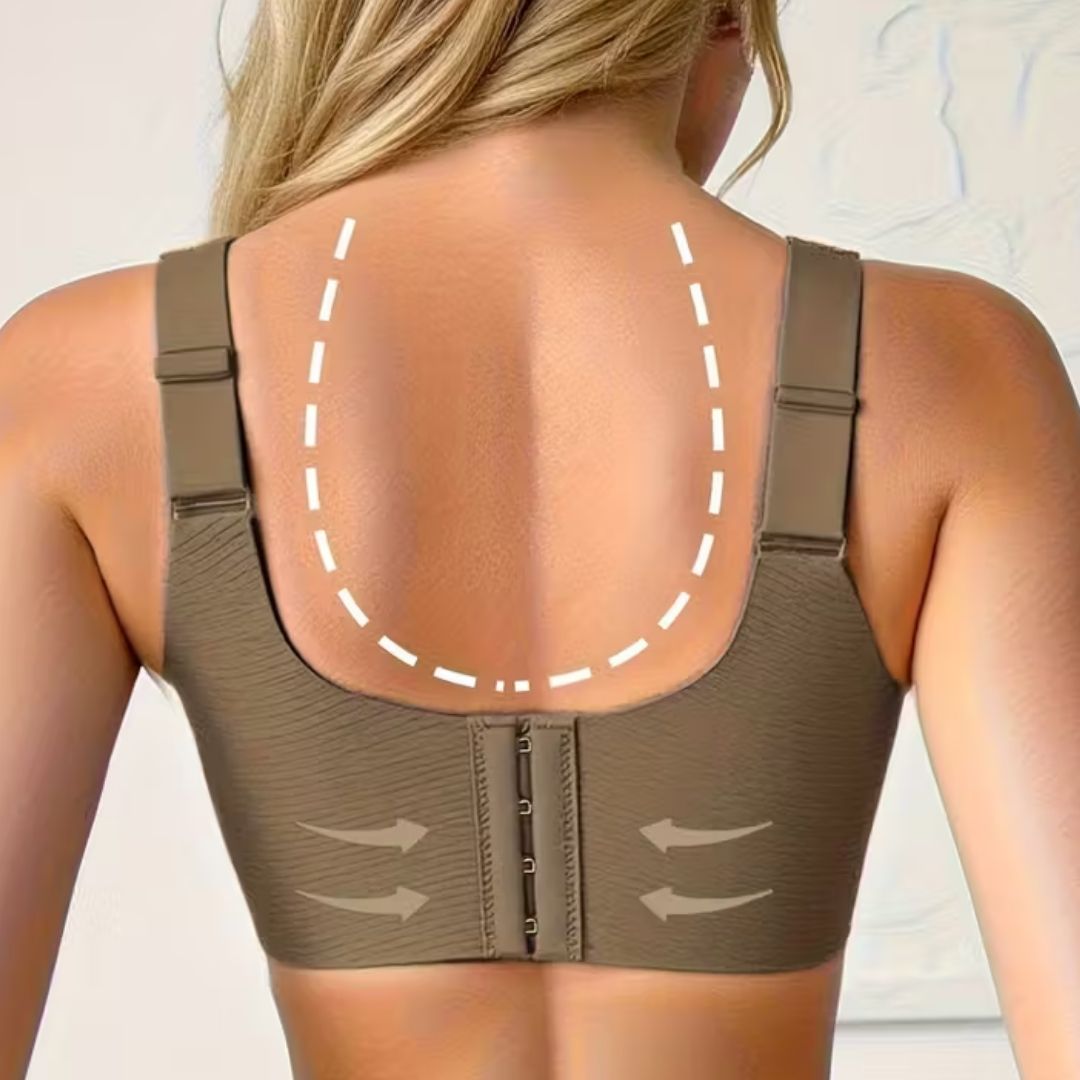 Sujetador gris sin aros para mujer, soporte. Espalda lisa para máxima comodidad.