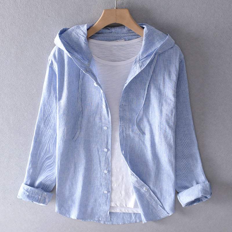 Cómoda blusa de mujer a rayas con capucha, botones y estilo versátil para primavera-verano.