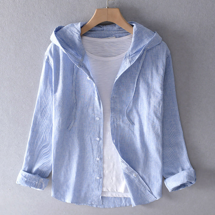 Cómoda blusa de mujer a rayas con capucha, botones y estilo versátil para primavera-verano.