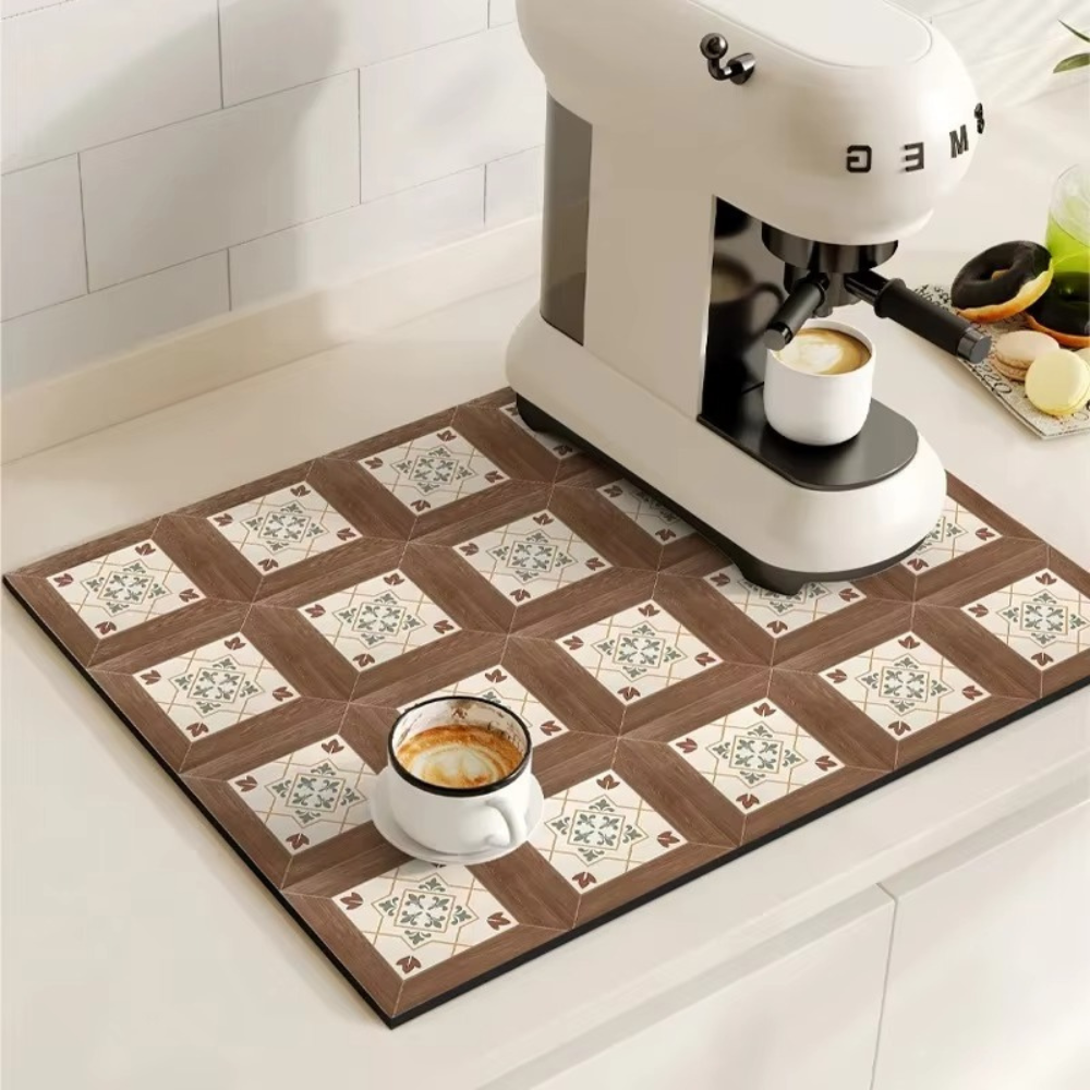 Decoración de cocina: alfombrilla de café con patrón de baldosa, alta absorción y estilo vintage.