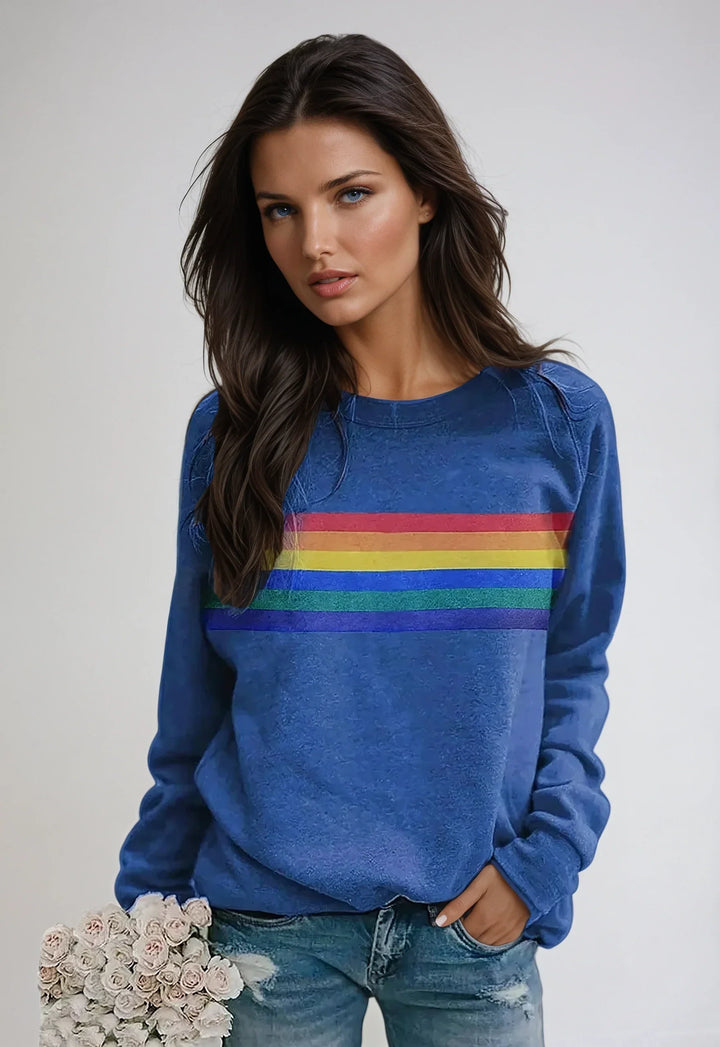 Sudadera LUNARIA mujer, manga larga con estampado vibrante de arcoíris. Prenda cómoda y juvenil para otoño/primavera.