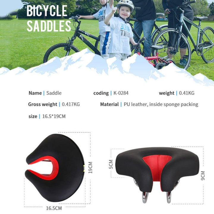 Sillín ergonómico para MTB que alivia la presión. Diseño unisex sin punta, ideal para ciclismo de montaña.