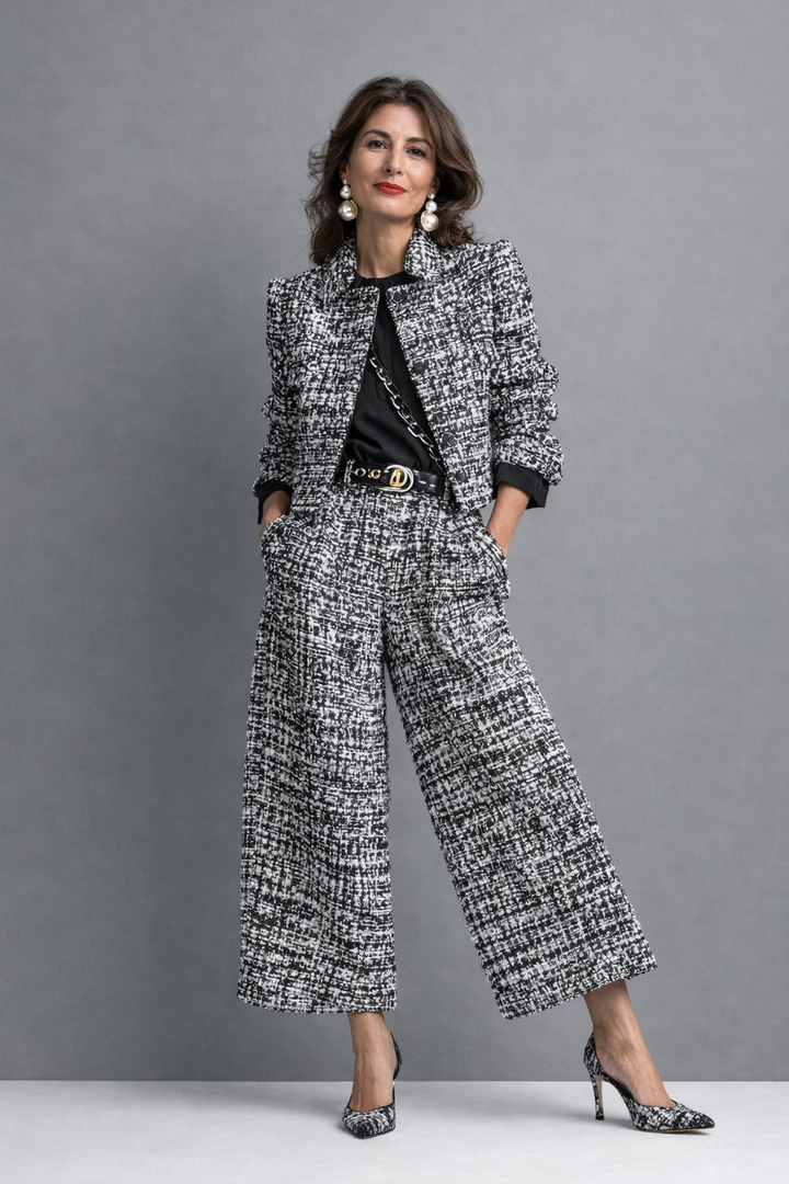Conjunto de mujer tweed, chaqueta corta y pantalón ancho. Ropa elegante para oficina, estilo chic.