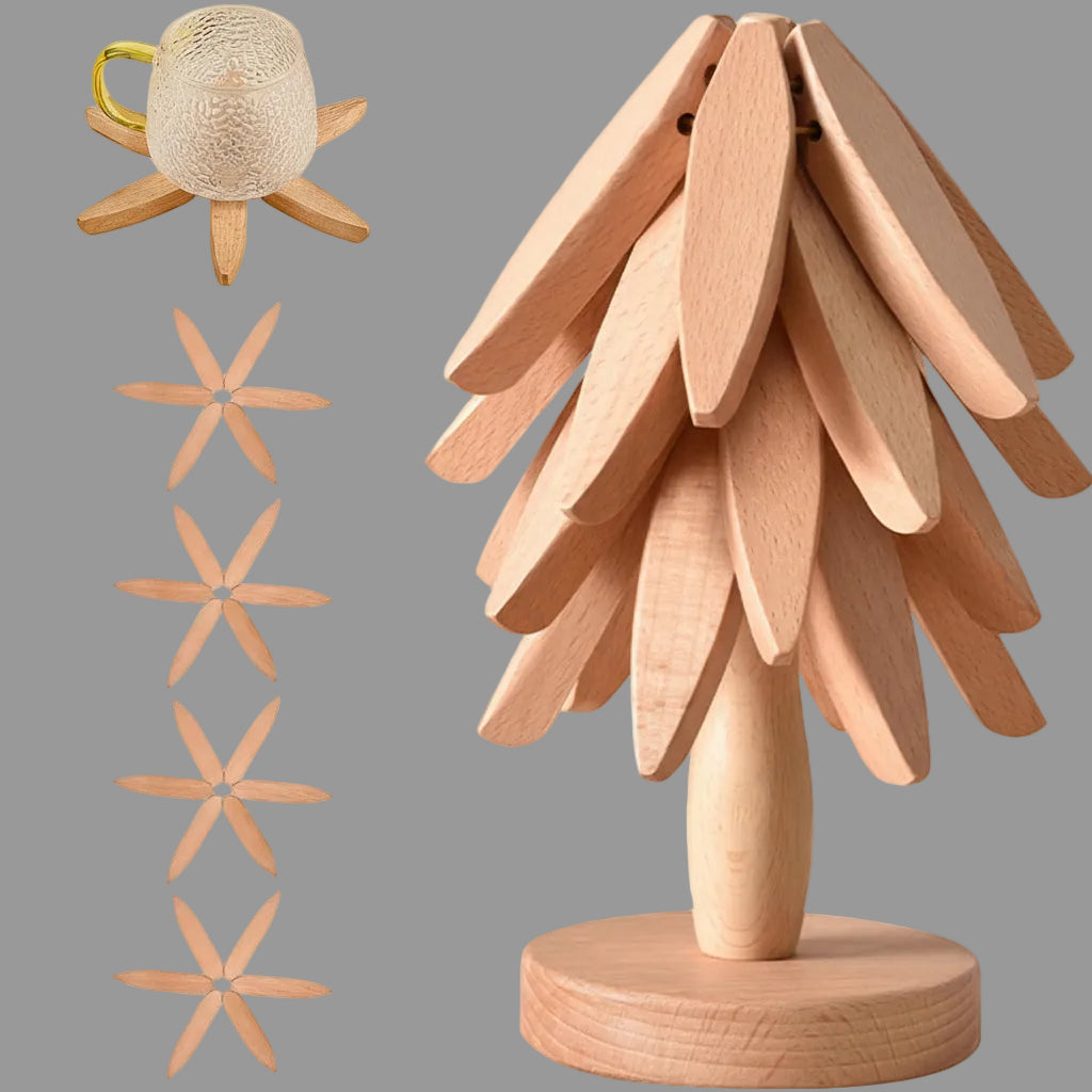 Salvamanteles plegable de madera de haya para cocina con diseño de árbol. Protección calor.