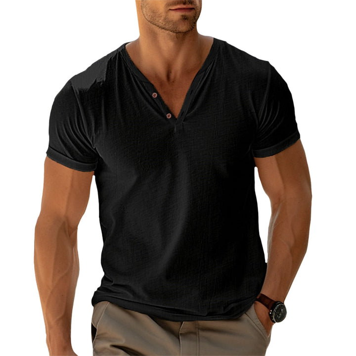 Camiseta LENO de hombre, estilo casual, cuello V con botones. Moda masculina versátil, básica y cómoda para cualquier ocasión.