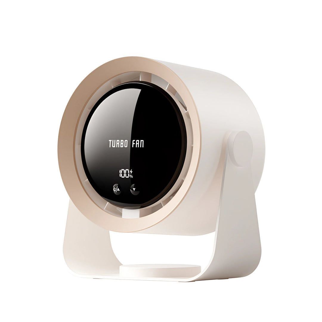 Ventilador sin aspas compacto para escritorio, ofrece enfriamiento silencioso y seguro para hogar u oficina.