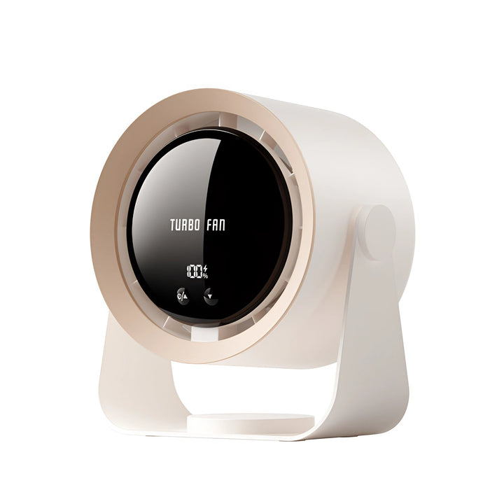 Ventilador sin aspas compacto para escritorio, ofrece enfriamiento silencioso y seguro para hogar u oficina.