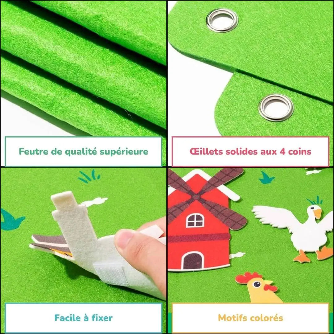 Tablero de actividades de fieltro Montessori, con figuras de granja y marino, perfecto para el aprendizaje divertido.