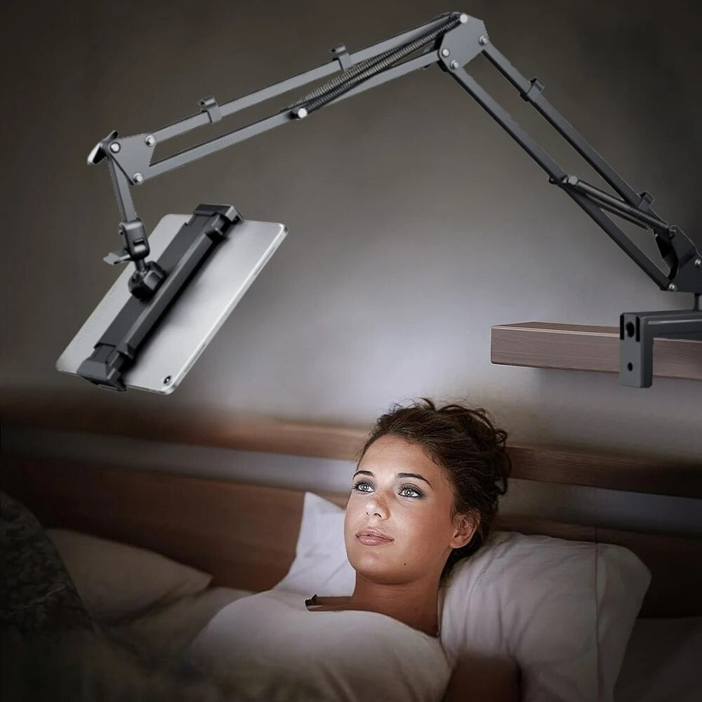 Soporte para tablet giratorio 360° y brazo ajustable. Disfruta manos libres en tu escritorio o cama. Aluminio.