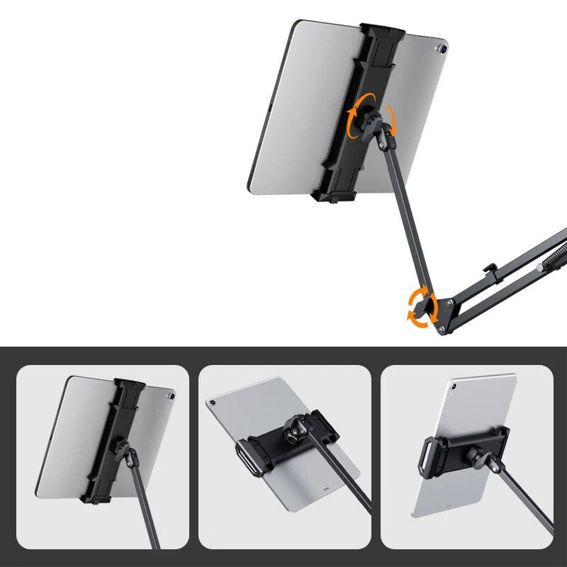 Soporte de tablet universal con brazo ajustable y giro 360°. Diseño ergonómico para ver videos o trabajar.