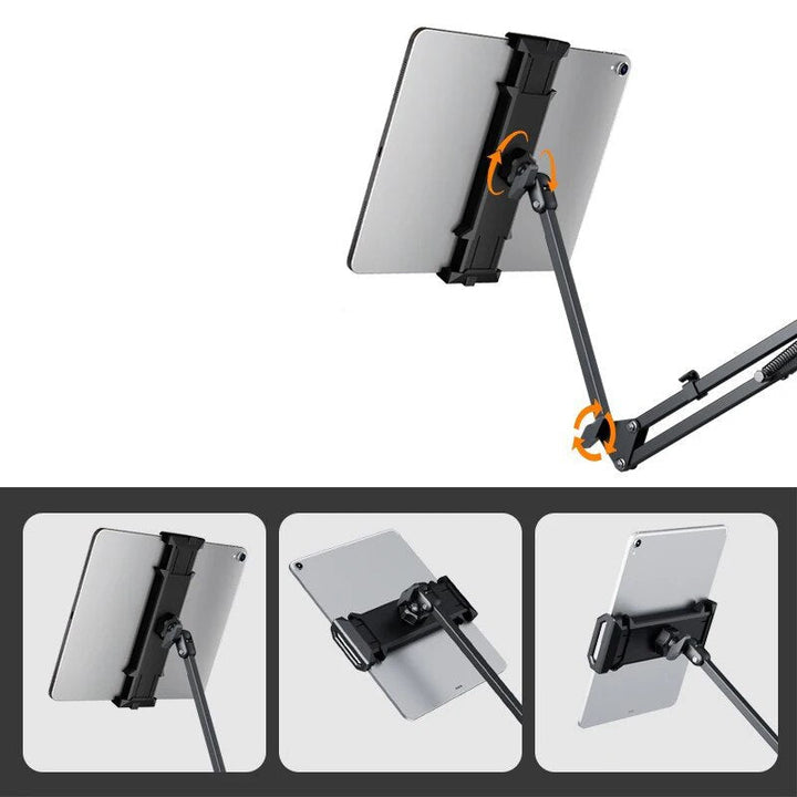 Soporte de tablet universal con brazo ajustable y giro 360°. Diseño ergonómico para ver videos o trabajar.
