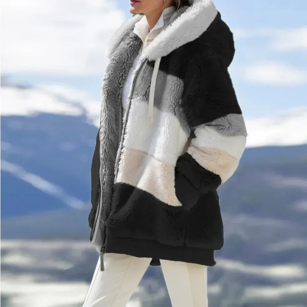 Chaqueta de invierno para mujer, moda elegante a rayas, diseño cálido con capucha.