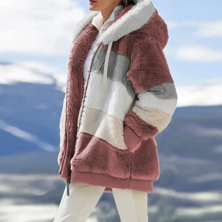 Abrigo elegante para mujer, diseño a rayas, suave, cálido y con capucha, perfecto para el frío.