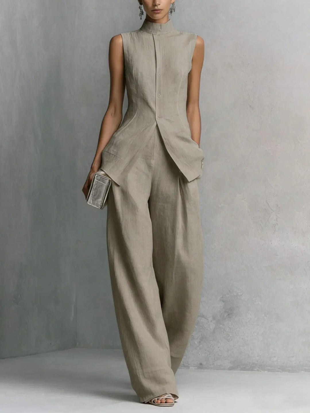 Chaleco y pantalón ancho de mujer. Conjunto Teresa elegante con botones, perfecto para el verano casual.