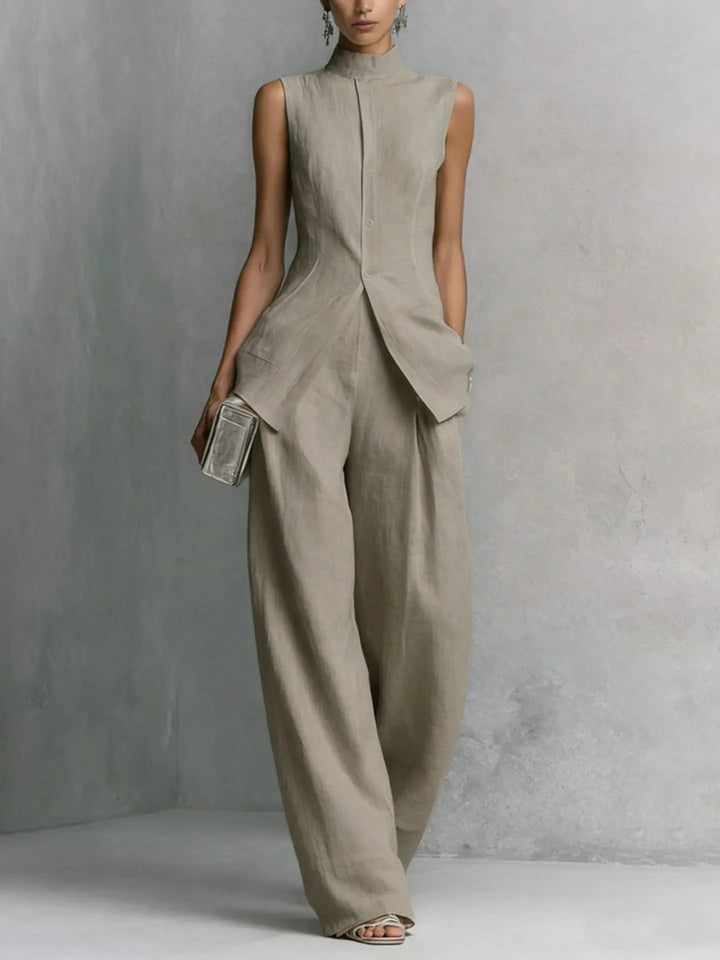 Chaleco y pantalón ancho de mujer. Conjunto Teresa elegante con botones, perfecto para el verano casual.