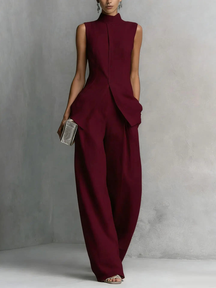 Moda femenina: Conjunto Teresa con chaleco sin mangas y pantalón ancho. Estilo casual y elegante para verano.