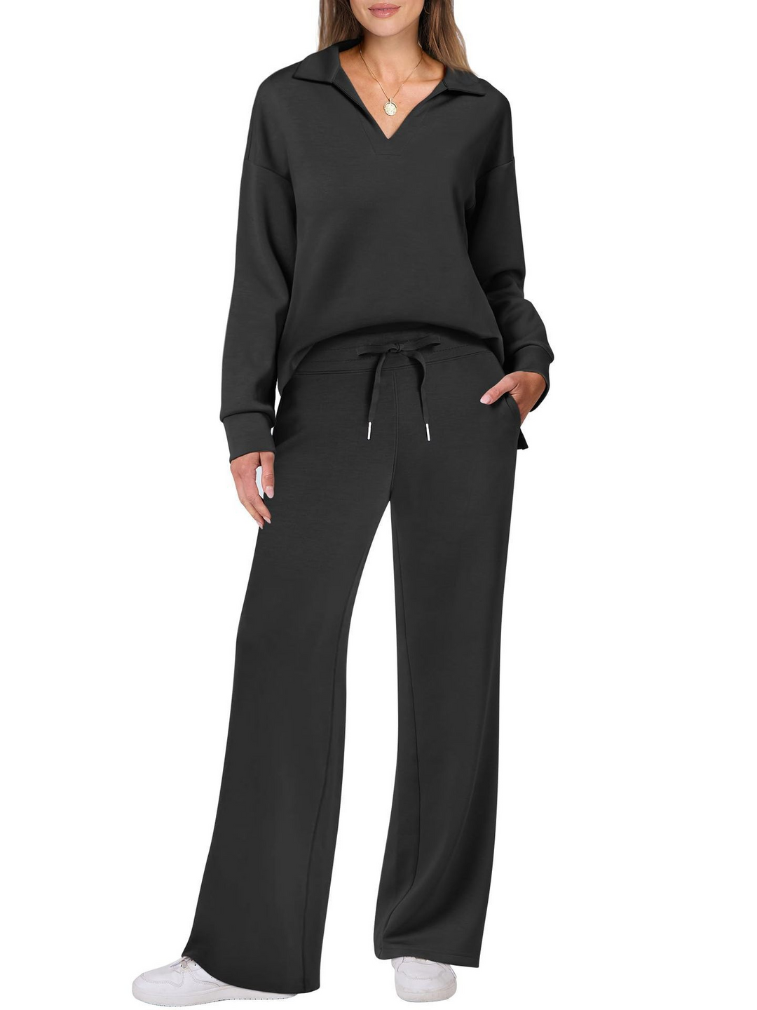 Conjunto loungewear de punto para mujer, cuello V, manga larga y pantalón ancho. Ropa cómoda de otoño.