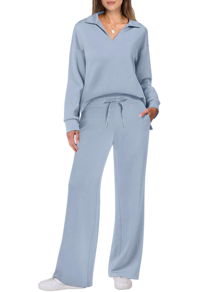 Conjunto de punto versátil mujer, cuello V y manga larga. Pantalón ancho para loungewear o estilo casual chic.
