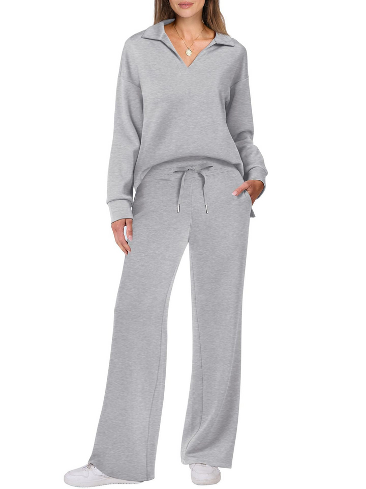 Conjunto de punto de mujer cómodo con cuello V, manga larga y pantalón ancho. Perfecto para el otoño casual.