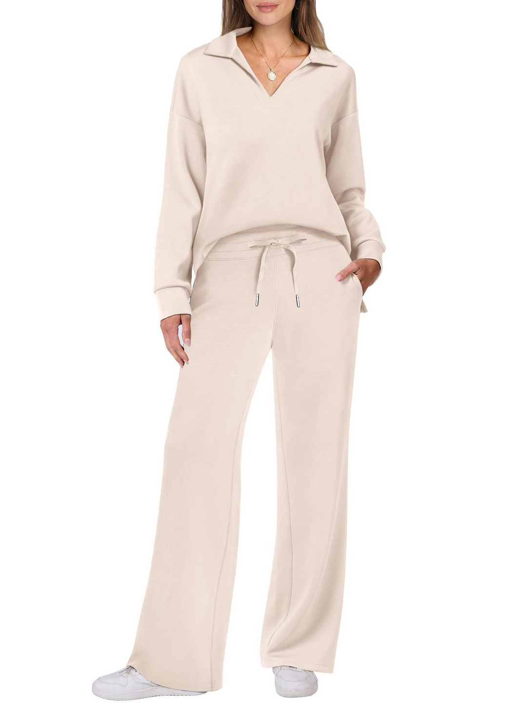 Conjunto de punto de mujer cómodo con cuello V y manga larga, pantalón ancho. Ideal para estilo casual otoño.
