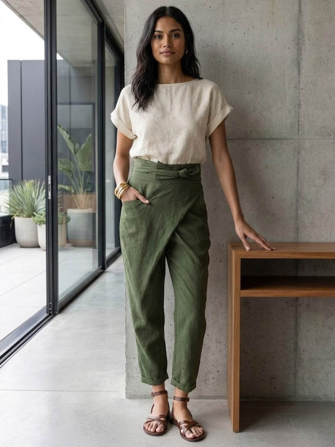 Estilo de moda: pantalones Teresa para mujer, tiro alto, cintura anudada, muy cómodos.