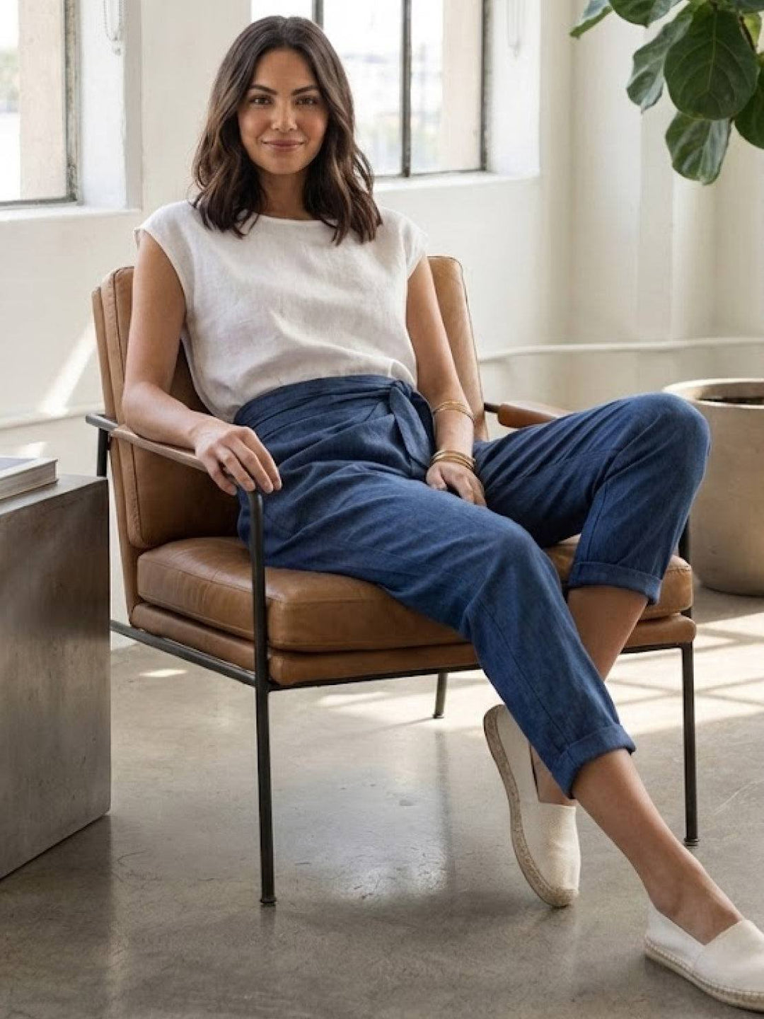 Pantalones tiro alto Teresa mujer, casuales, con cintura anudada, para otoño.