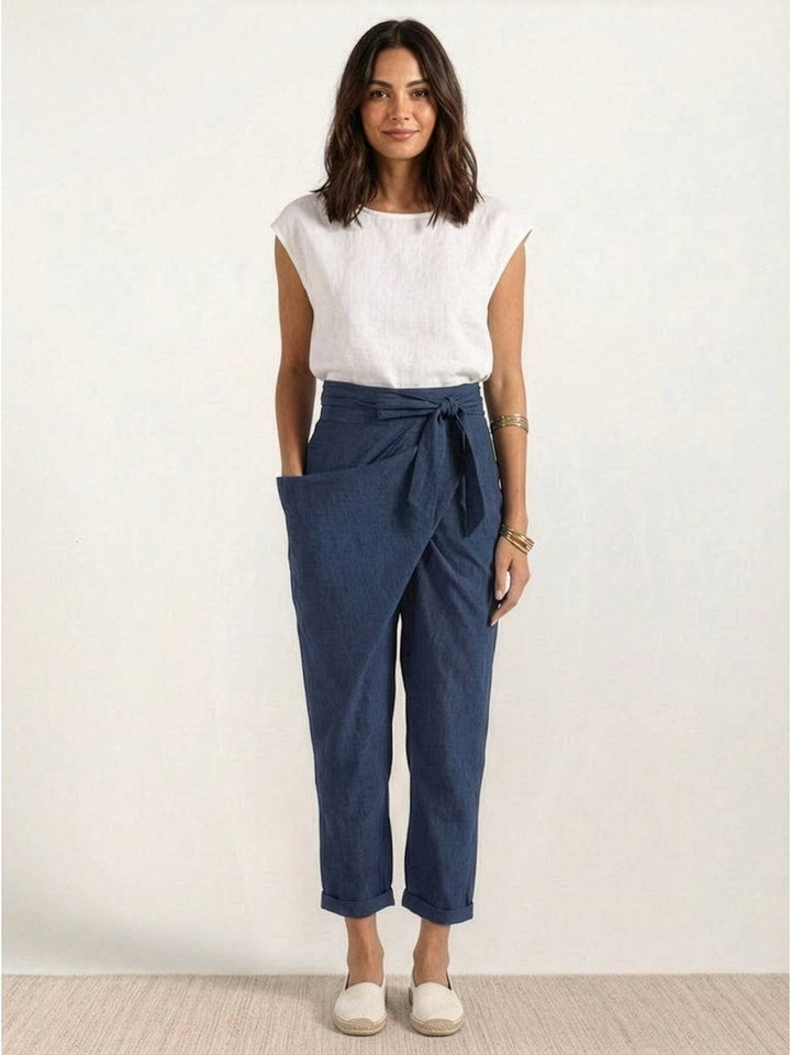 Estilo relajado: pantalones Teresa de mujer con cintura anudada, ideales para el diario.