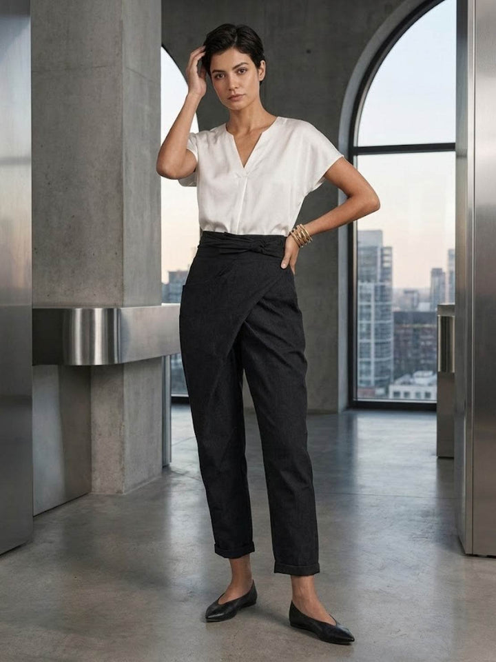 Pantalones de tiro alto Teresa para mujer, casuales, con cintura anudada.