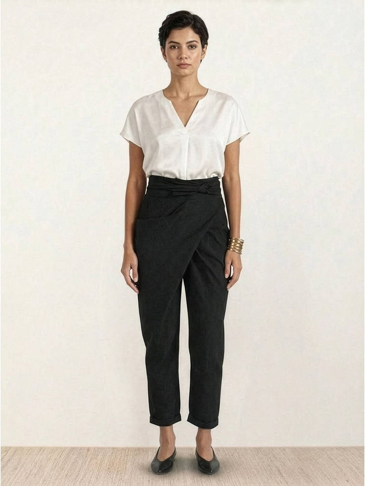 Pantalones Teresa mujer, relajados, tiro alto, cintura anudada, moda para diario.