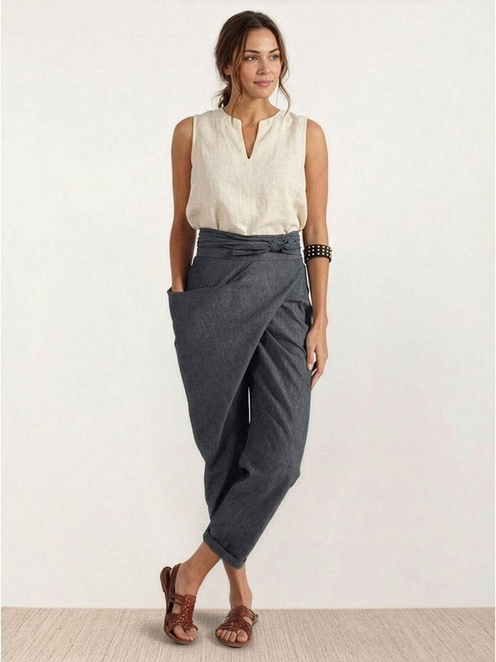 Pantalones de mujer Teresa relajados, cintura anudada, disponibles en varios colores.