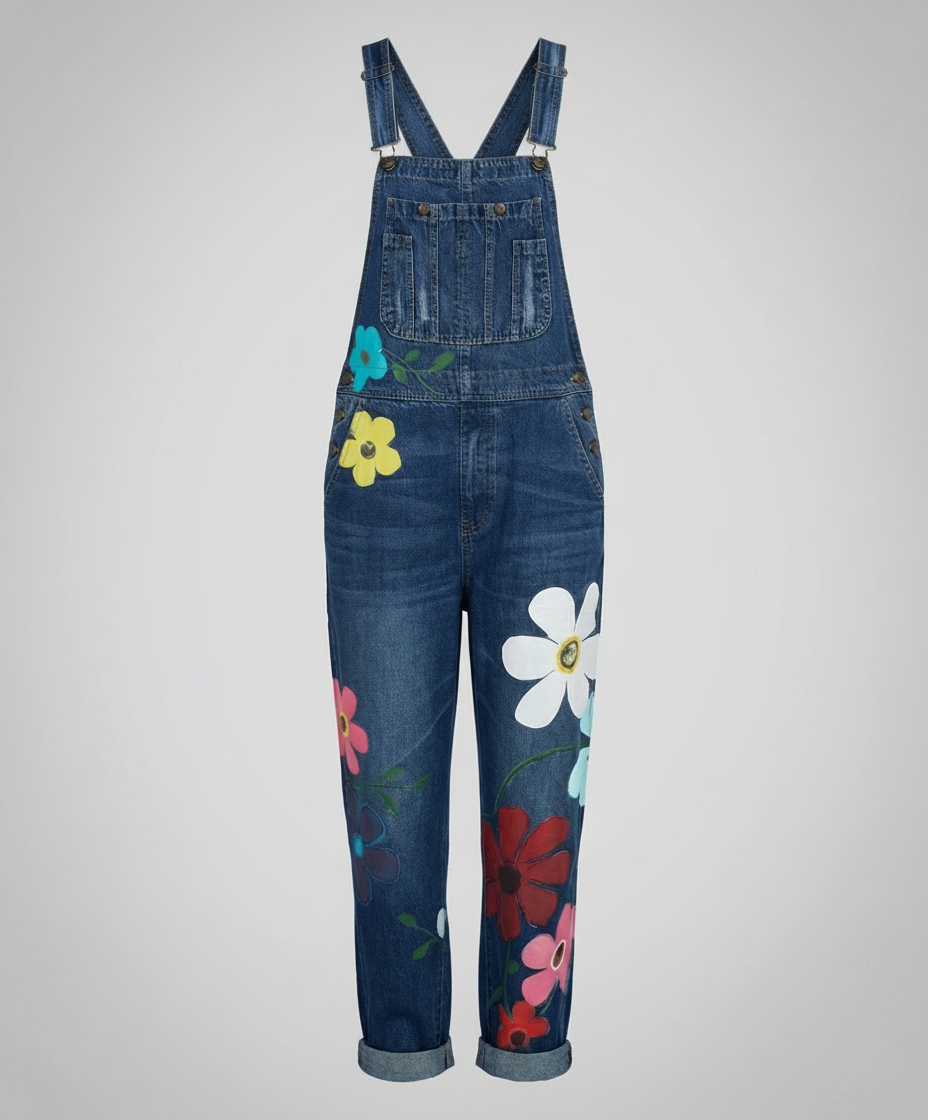 Peto de mezclilla floral para mujer con tirantes ajustables, estilo vaquero moderno y cómodo.