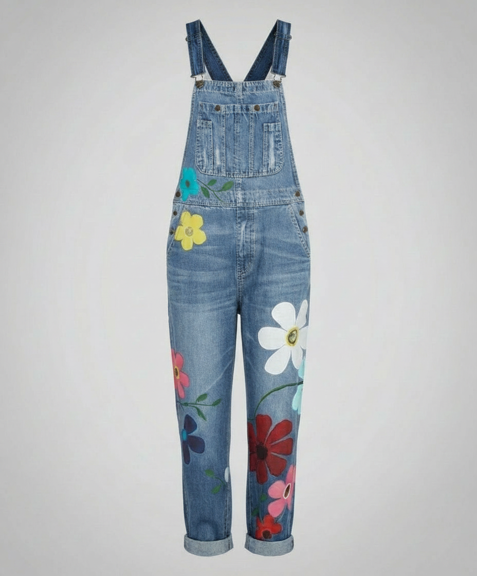 Mujer luciendo un peto vaquero azul con estampado floral, perfecto para un atuendo casual de verano.