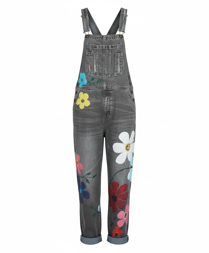 Peto vaquero floral con diseño ajustable para mujer, confeccionado en mezclilla de alta calidad y moda.
