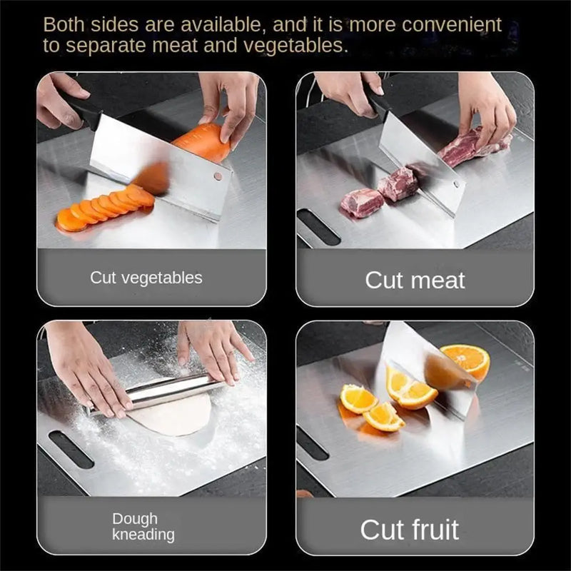 Moderna tabla de cortar de titanio. Superficie de corte limpia y segura para preparar todo tipo de alimentos.