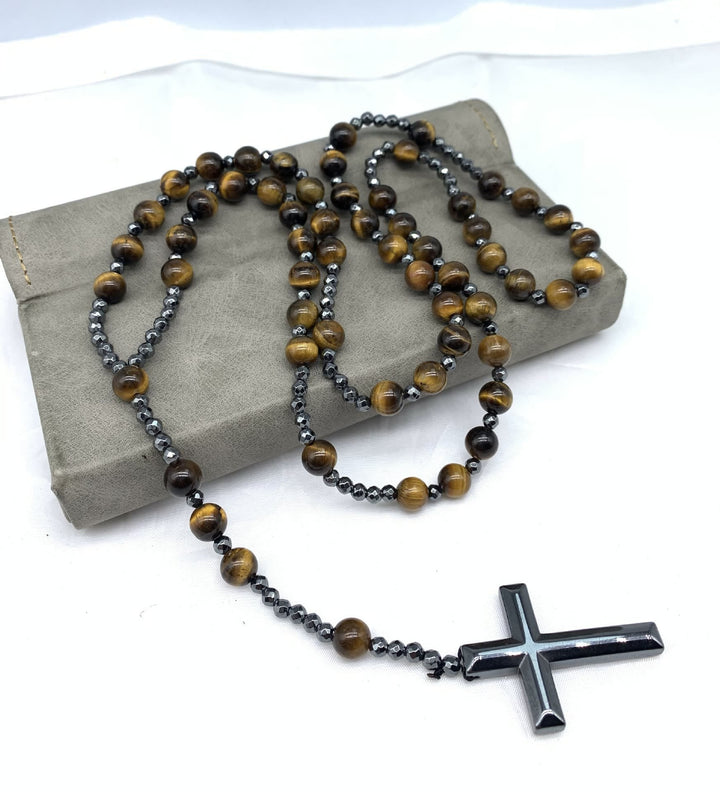Joyería espiritual: collar rosario unisex con lapislázuli y ojo de tigre, piedras naturales.