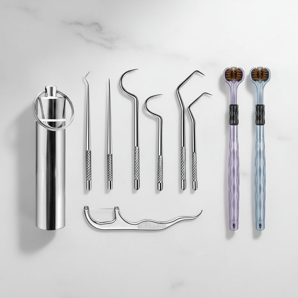 Palillos de dientes de metal con estuche portátil, perfectos para cuidado bucal ecológico y limpieza interdental.