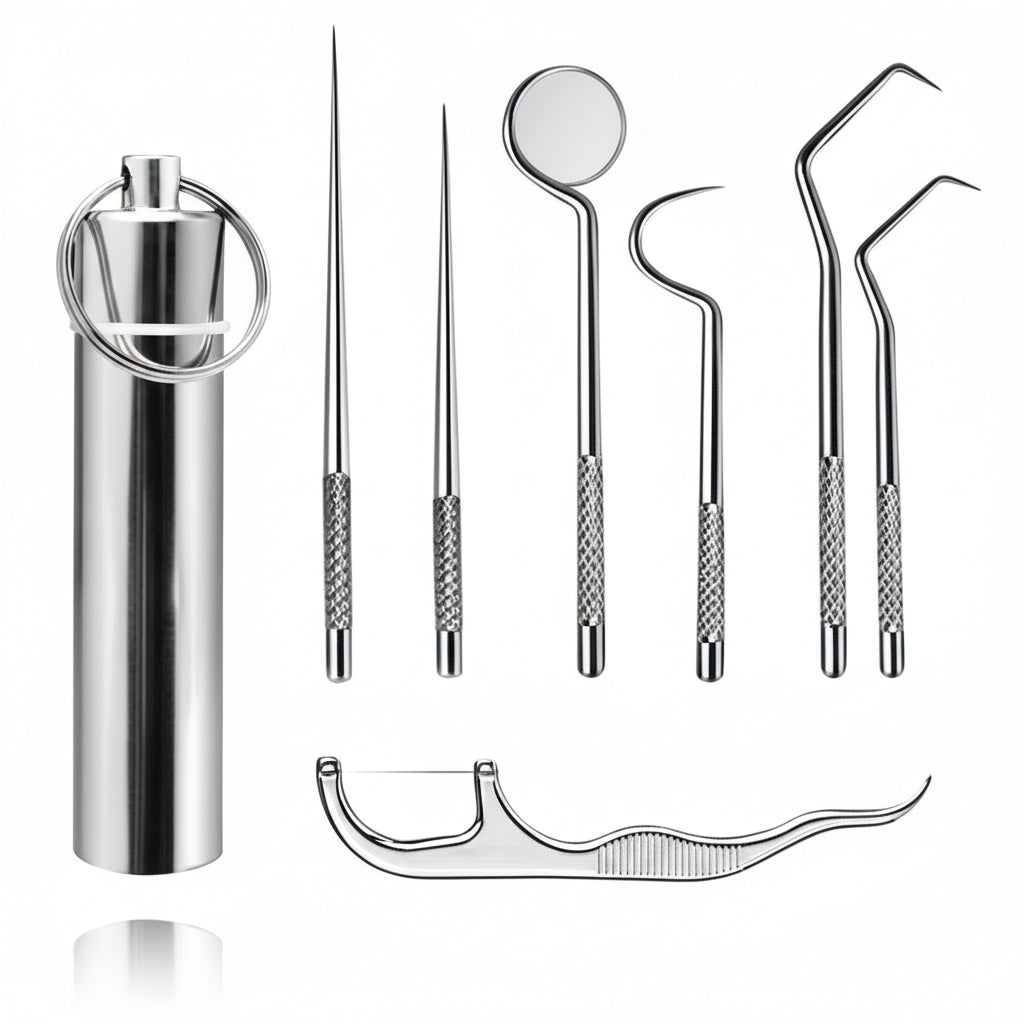 Palillos de metal ecológicos para limpieza interdental. Diseño portátil para cuidado bucal mientras viajas.
